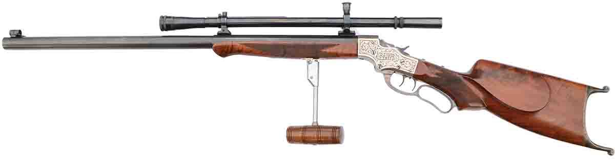 The rifle has a beautiful Schützen-style stock and was fitted at the factory for a palm rest. This one is the standard palm rest used by Stevens before Harry Pope joined the company.